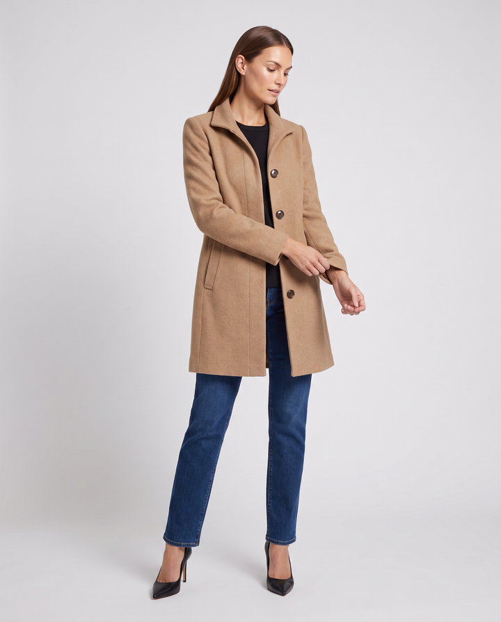 Women's straight-fit button coat with stand collar and long sleeves
