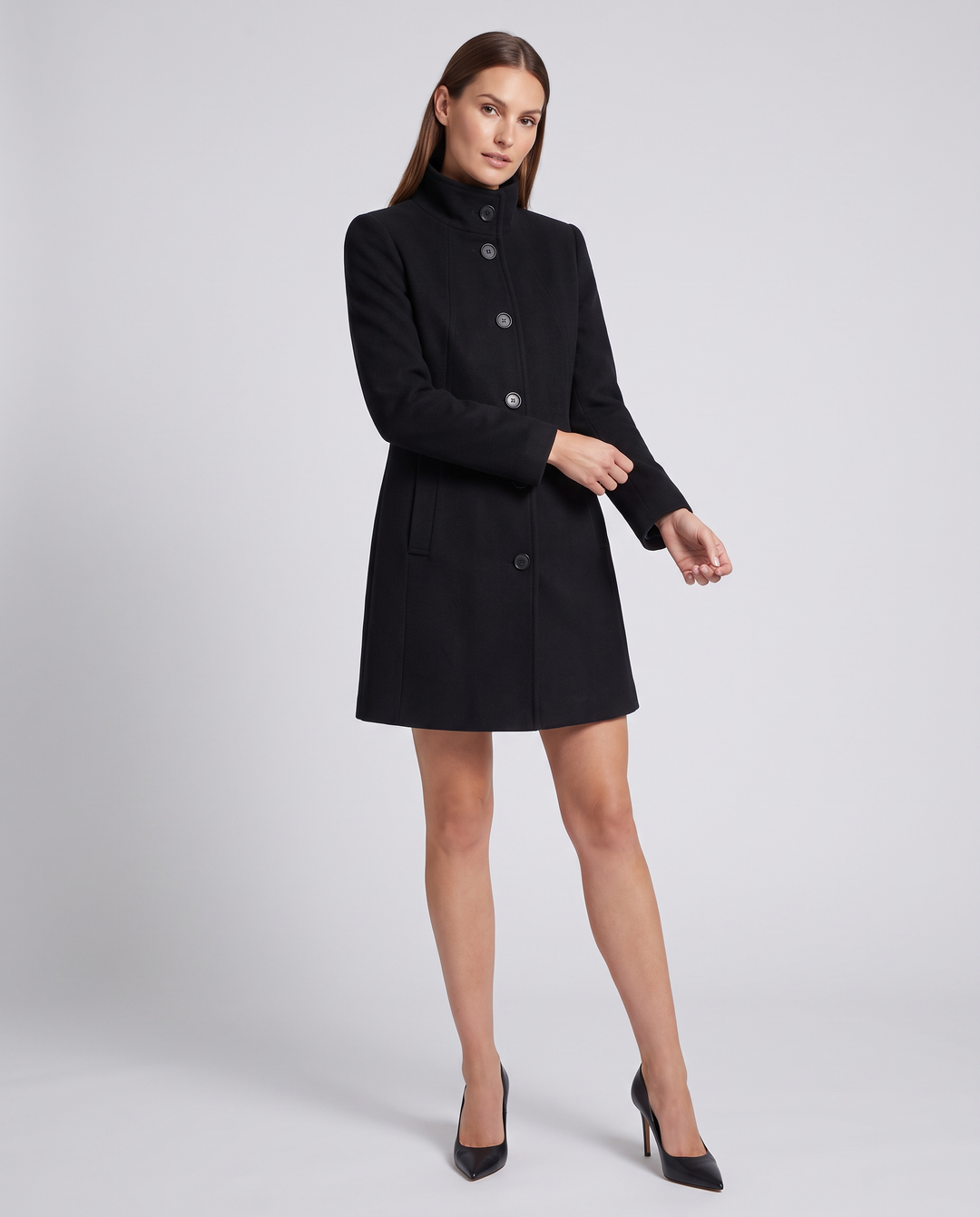 Women's straight-fit button coat with stand collar and long sleeves