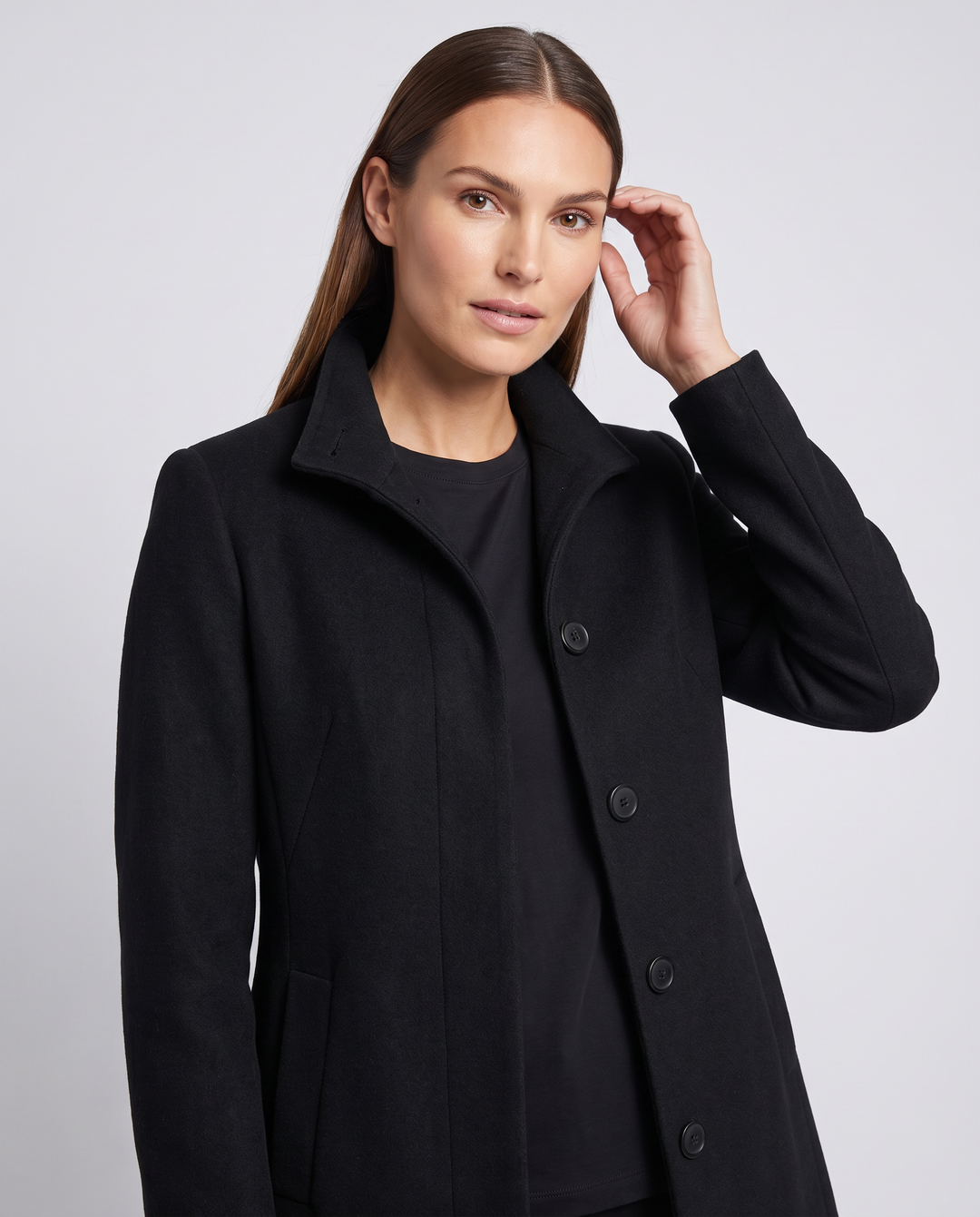 Women's straight-fit button coat with stand collar and long sleeves