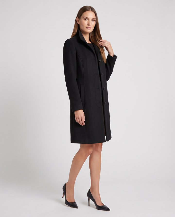Women's straight-fit button coat with stand collar and long sleeves