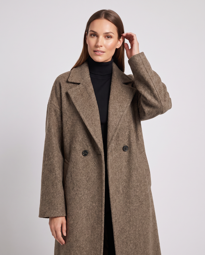 Women's brown longline coat with notched lapels and front pockets
