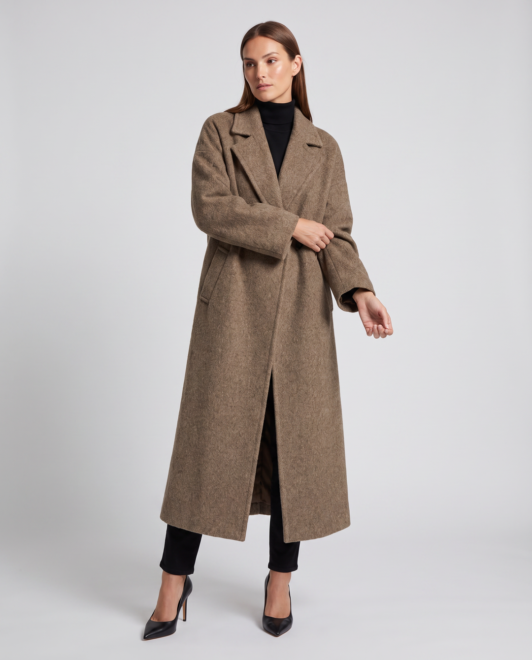 Women's brown longline coat with notched lapels and front pockets