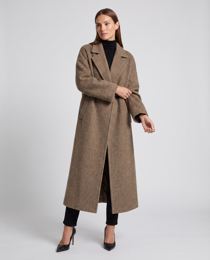 Women's brown longline coat with notched lapels and front pockets
