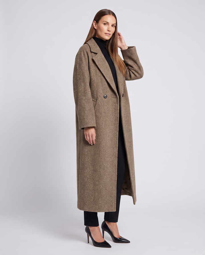 Women's brown longline coat with notched lapels and front pockets