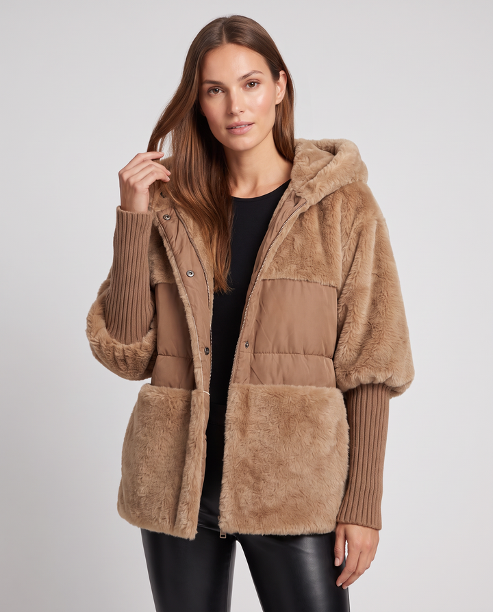 Women's hooded faux fur jacket with quilted panels and front pockets