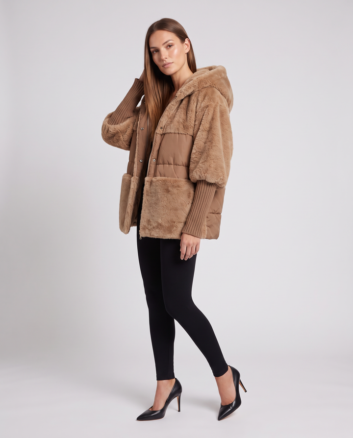 Women's hooded faux fur jacket with quilted panels and front pockets