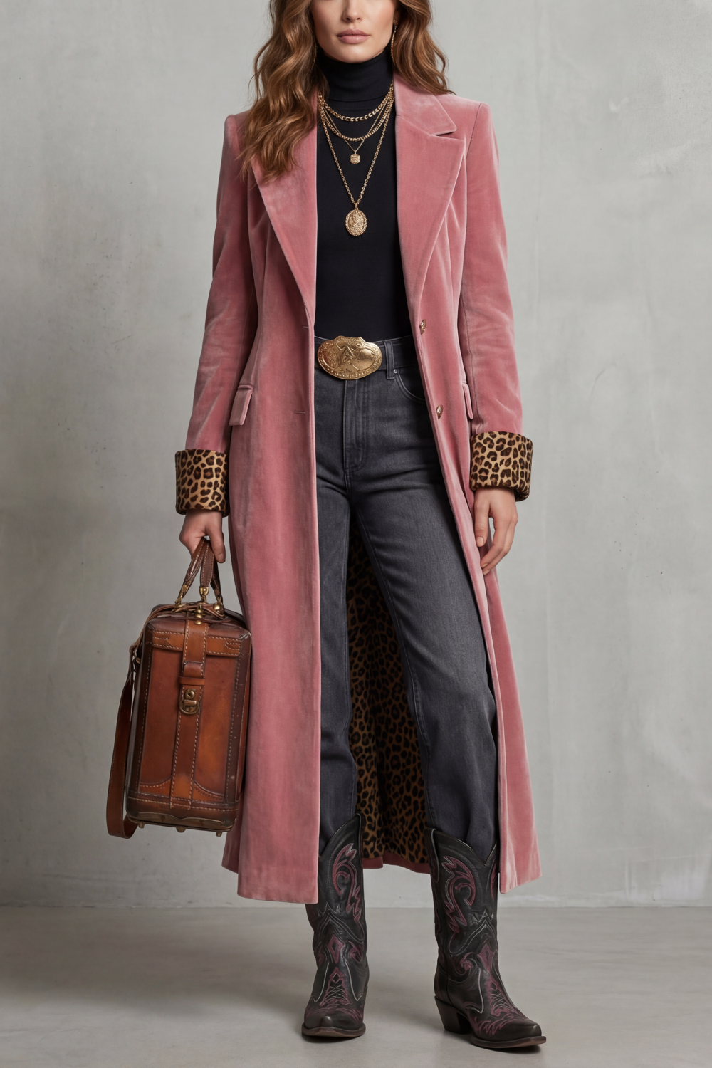 Long women's coat with velvet finish, leopard print lining, lapels, and button front