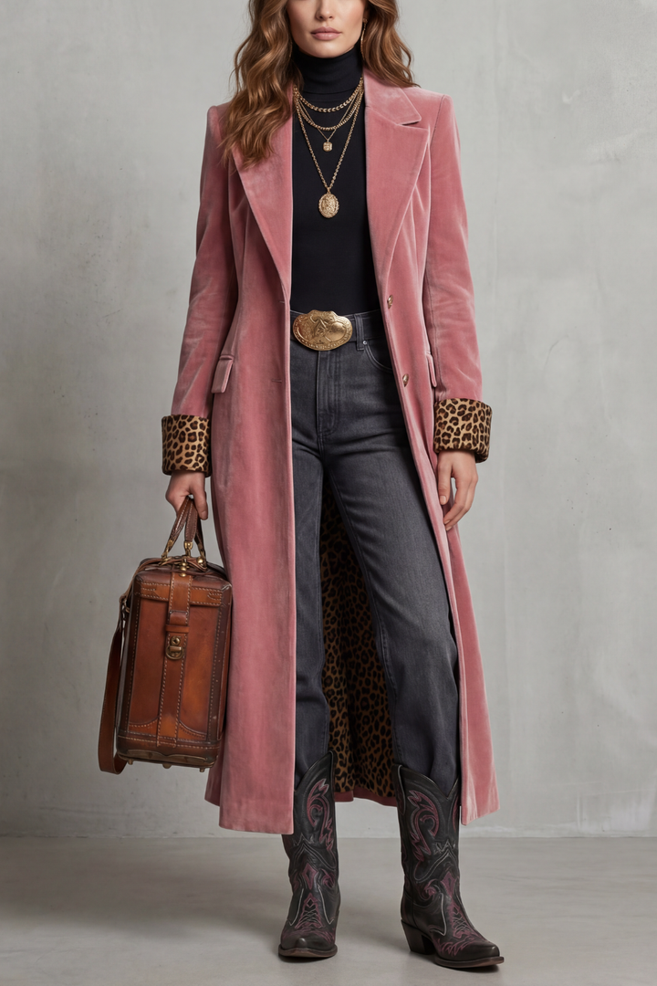 Long women's coat with velvet finish, leopard print lining, lapels, and button front