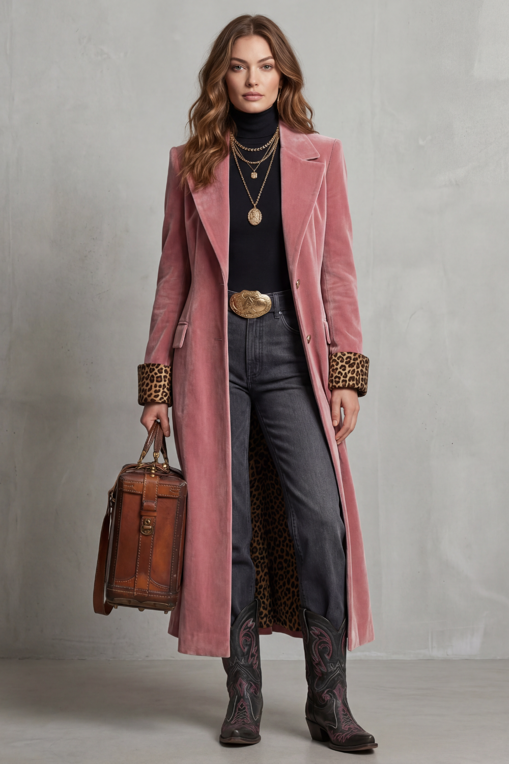 Long women's coat with velvet finish, leopard print lining, lapels, and button front