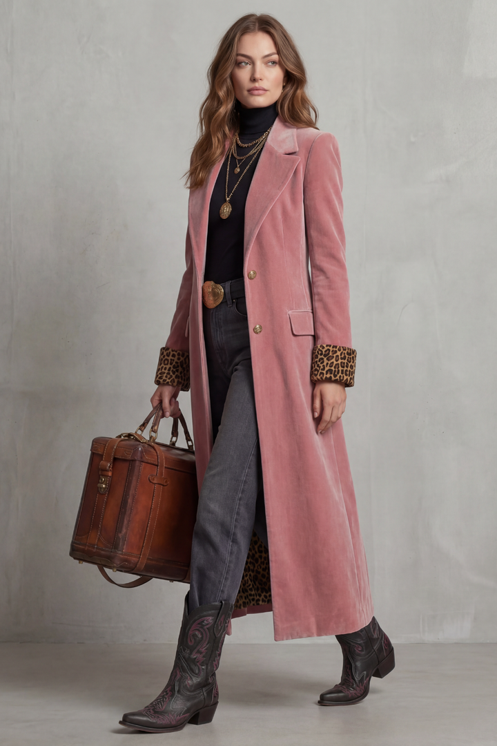 Long women's coat with velvet finish, leopard print lining, lapels, and button front
