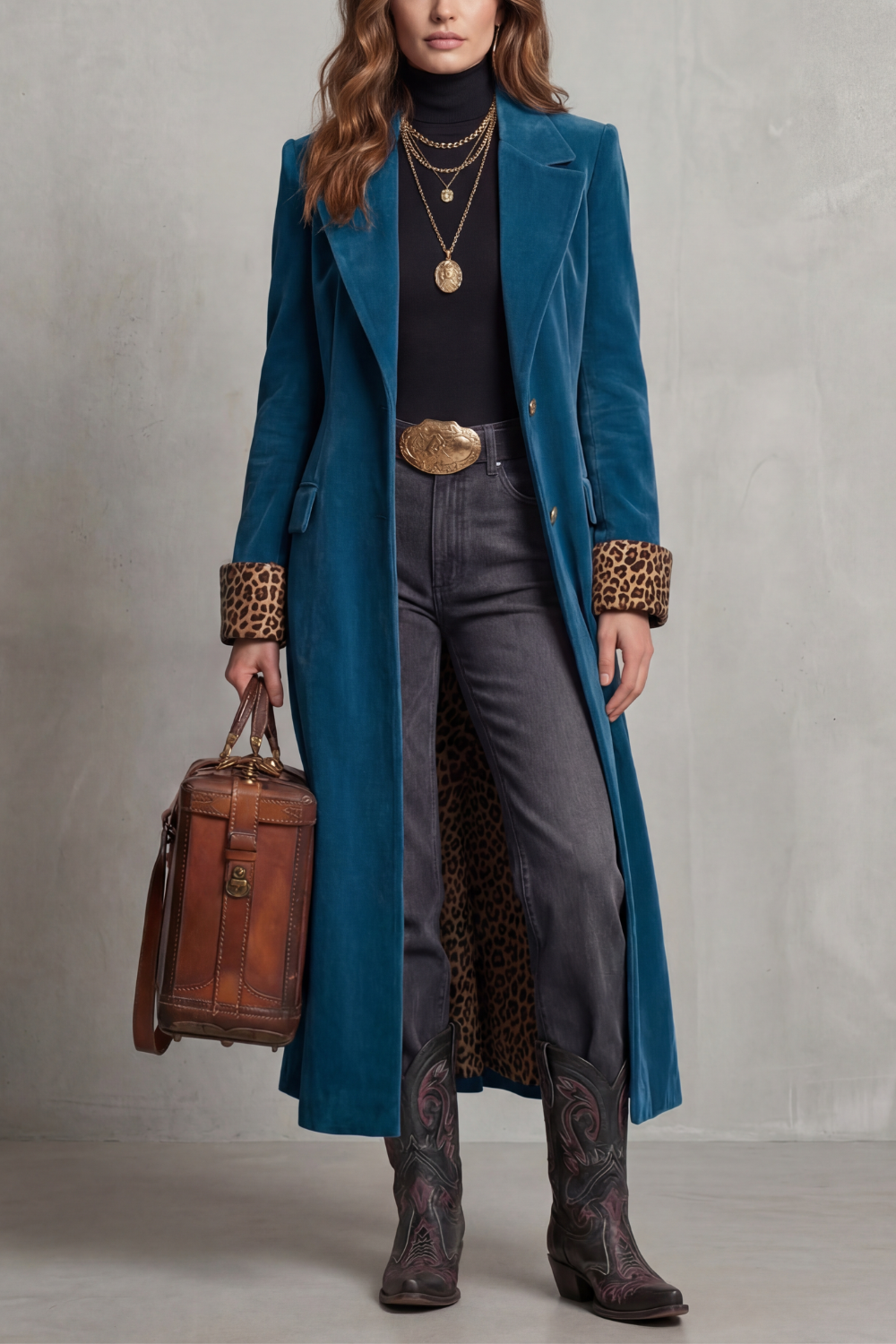 Long women's coat with velvet finish, leopard print lining, lapels, and button front