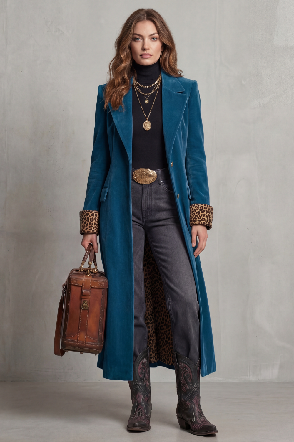 Long women's coat with velvet finish, leopard print lining, lapels, and button front