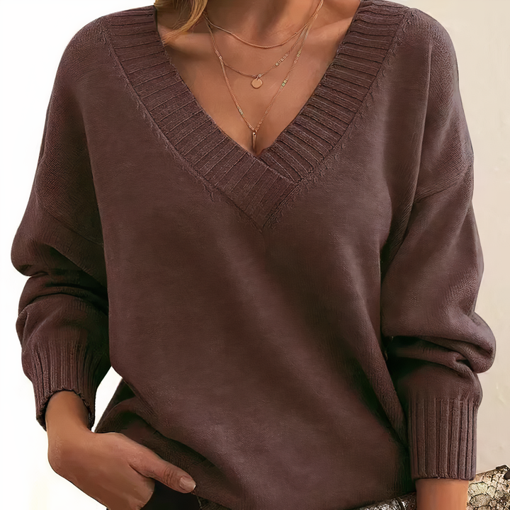 Women's long sleeve V-neck sweater with ribbed trim