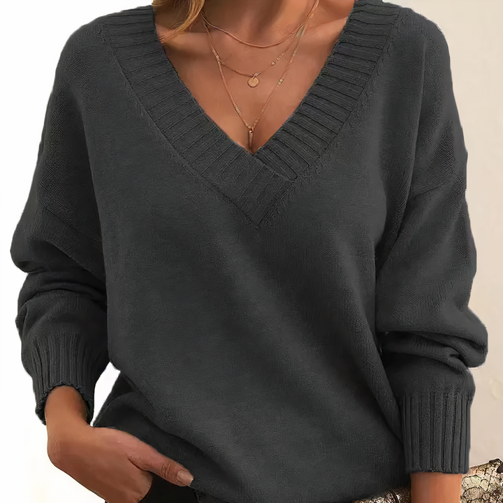 Women's long sleeve V-neck sweater with ribbed trim