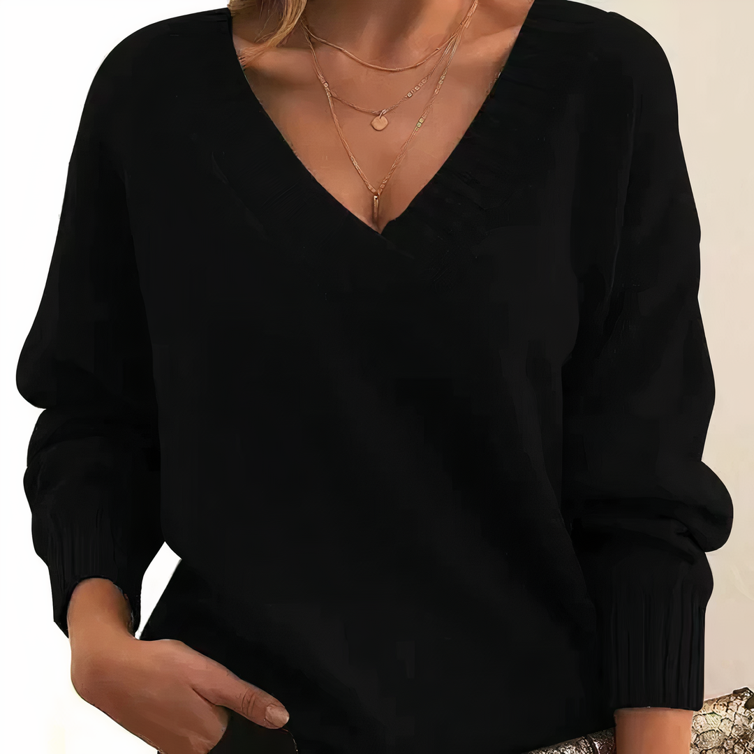 Women's long sleeve V-neck sweater with ribbed trim