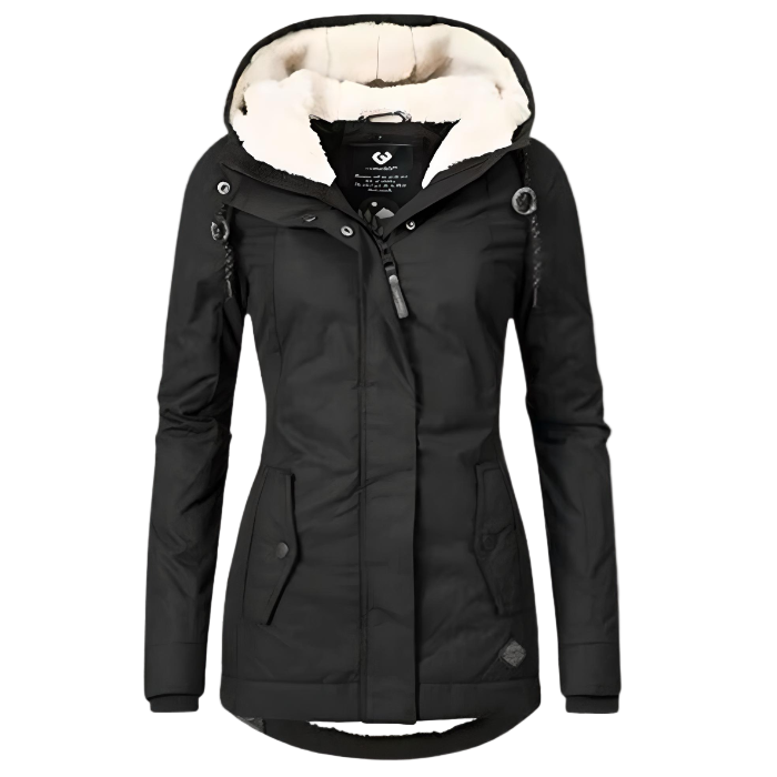 Women's long hooded winter coat with plush-looking trim, zip front and buttoned pockets