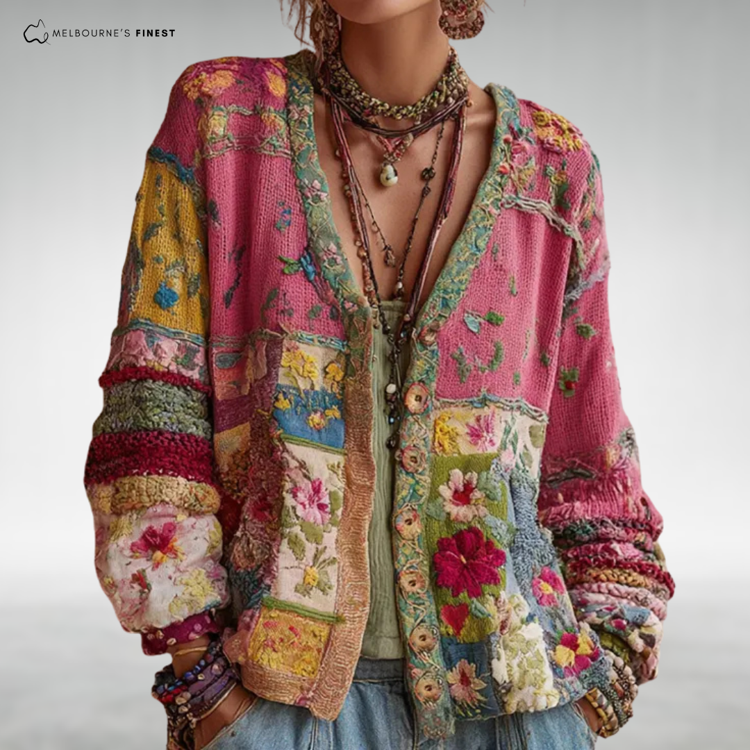 Women's multicolour floral patchwork knit jacket with V-neck and long sleeves