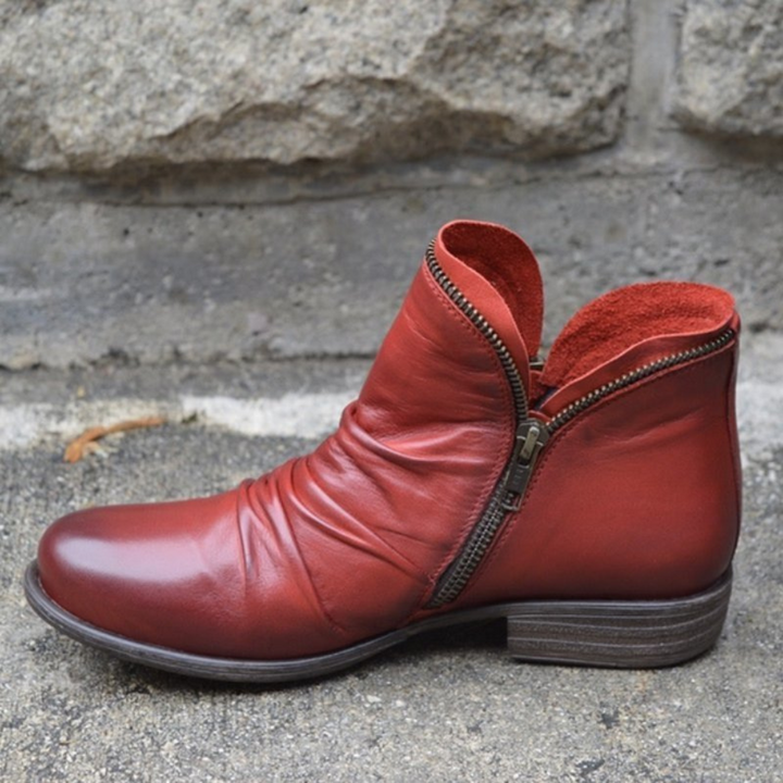 Women's wide fit ankle boot with side zipper, ruched upper and low heel