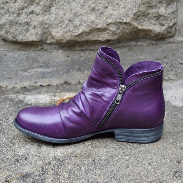 Women's wide fit ankle boot with side zipper, ruched upper and low heel