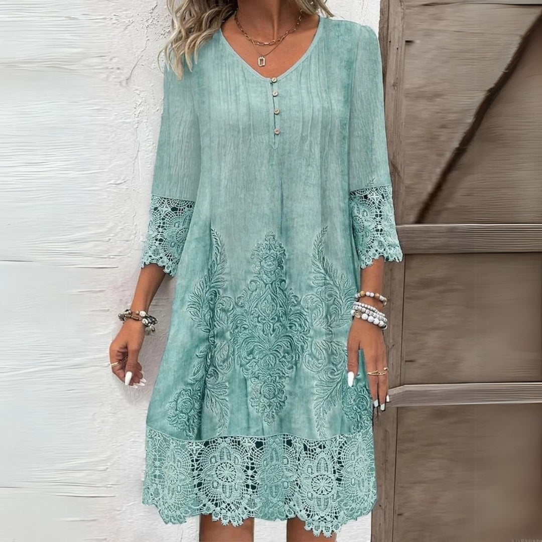 Boho Dress for Women | Midi Lace Hem Long Sleeve Dress