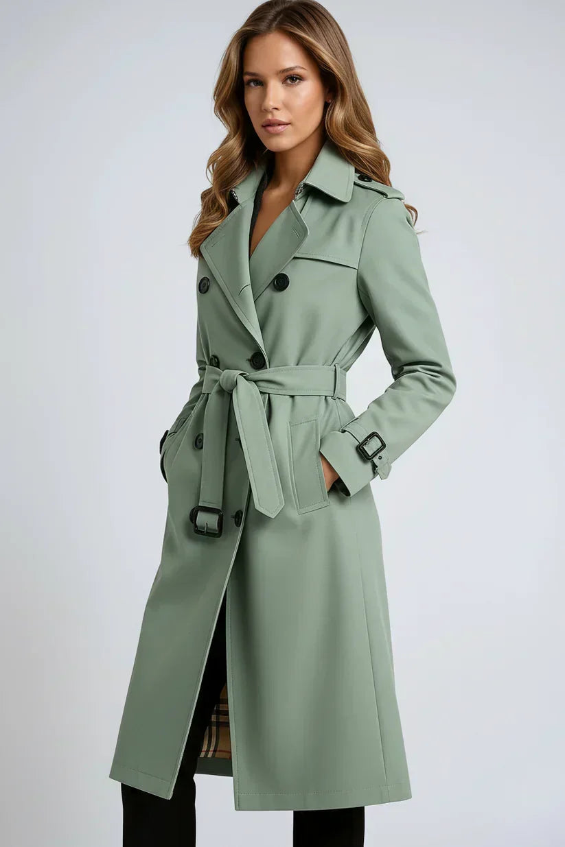 Women's long belted double-breasted trench coat with lapels and cuff straps