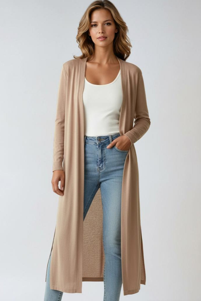 Women's longline open front knit cardigan with long sleeves and side splits