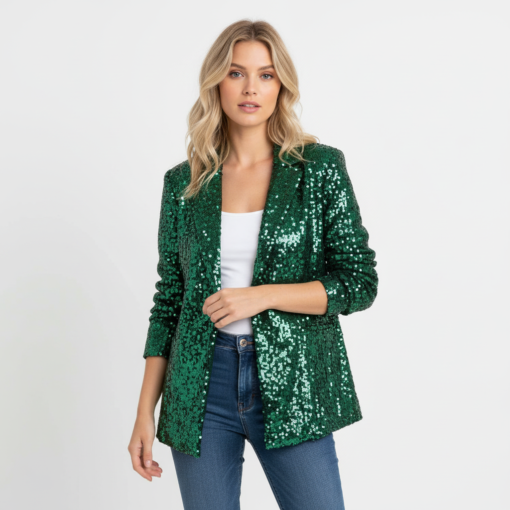 Women's long-sleeve sequin blazer with notch lapels