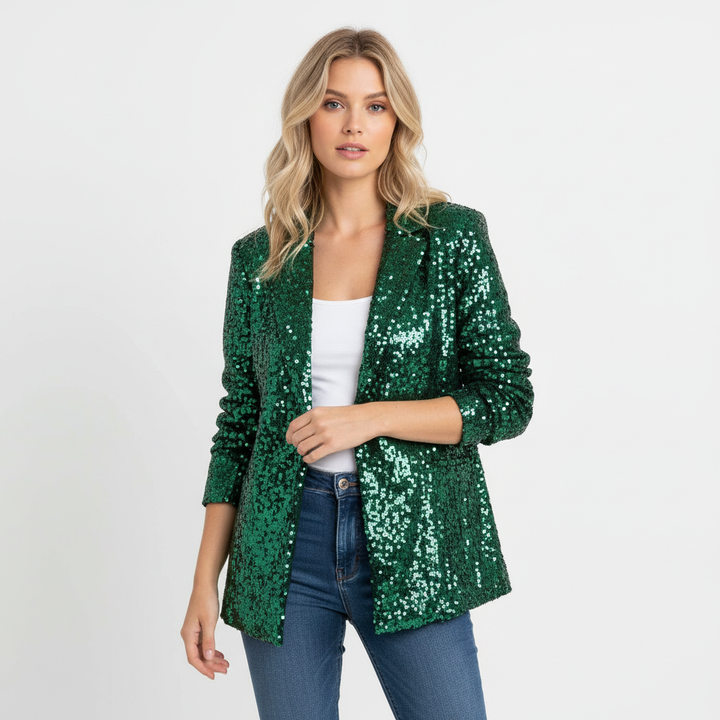 Women's long-sleeve sequin blazer with notch lapels
