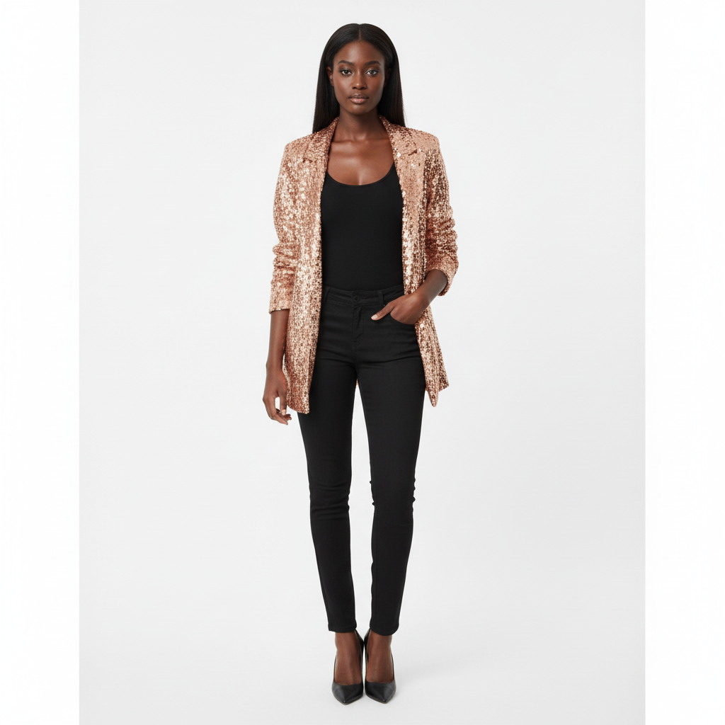 Women's long-sleeve sequin blazer with notch lapels
