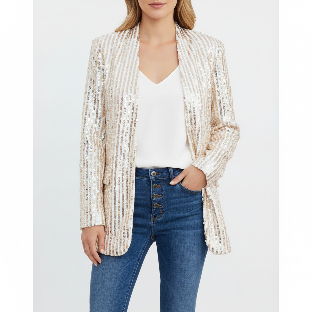 Women's long-sleeve sequin blazer with notch lapels