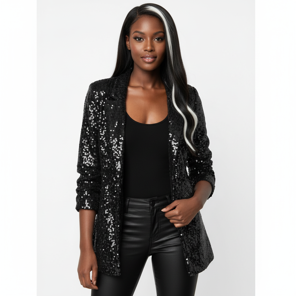 Women's long-sleeve sequin blazer with notch lapels