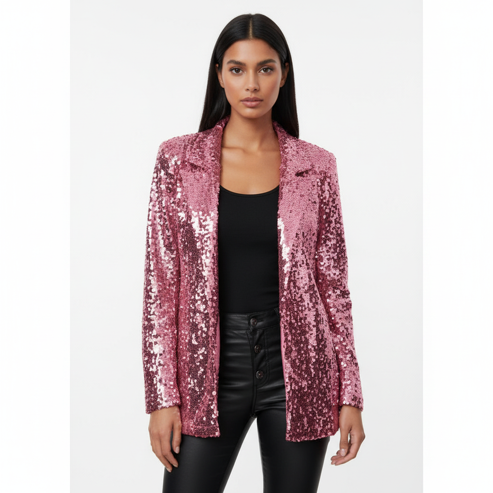 Women's long-sleeve sequin blazer with notch lapels