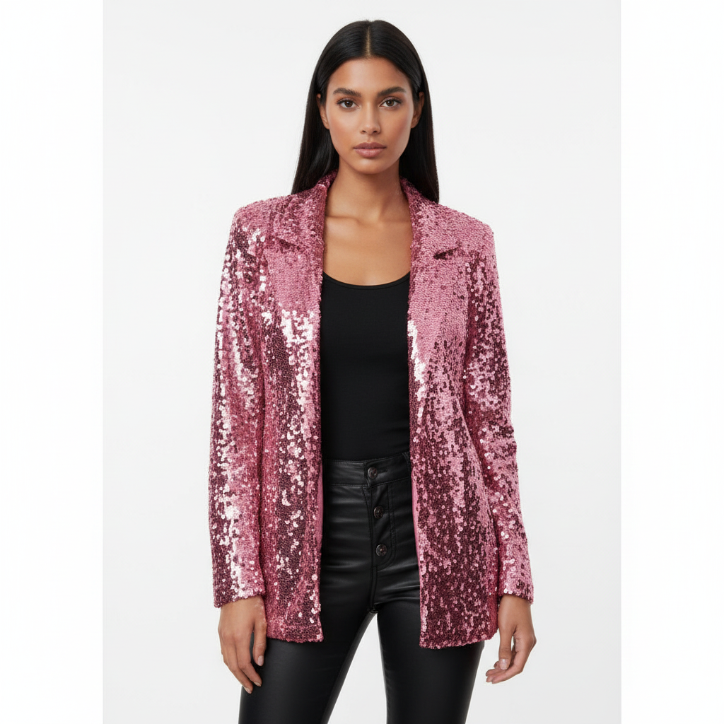 Women's long-sleeve sequin blazer with notch lapels