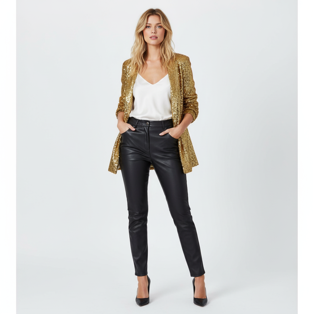 Women's long-sleeve sequin blazer with notch lapels