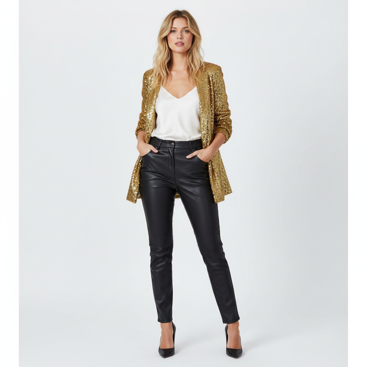 Women's long-sleeve sequin blazer with notch lapels