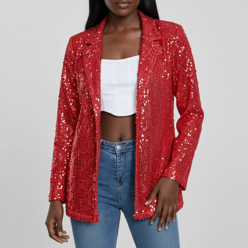 Women's long-sleeve sequin blazer with notch lapels