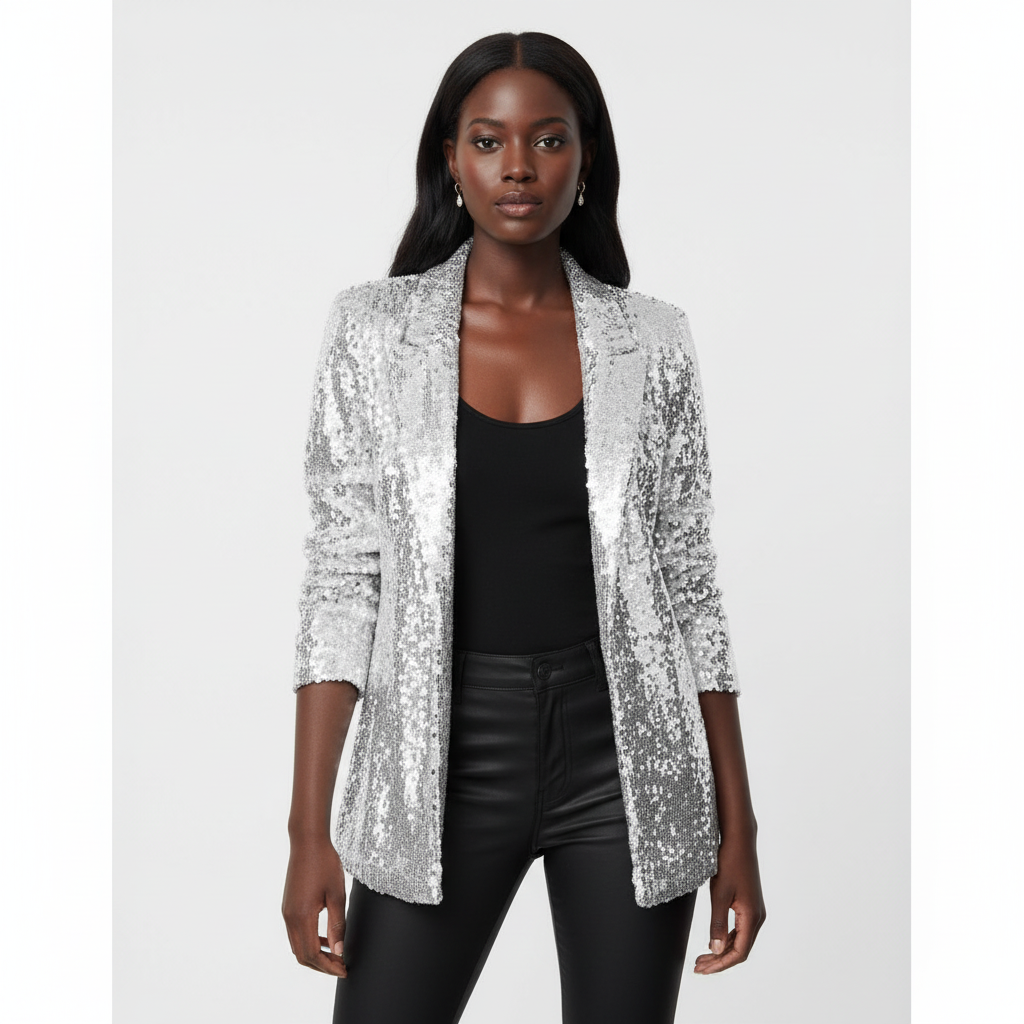 Women's long-sleeve sequin blazer with notch lapels