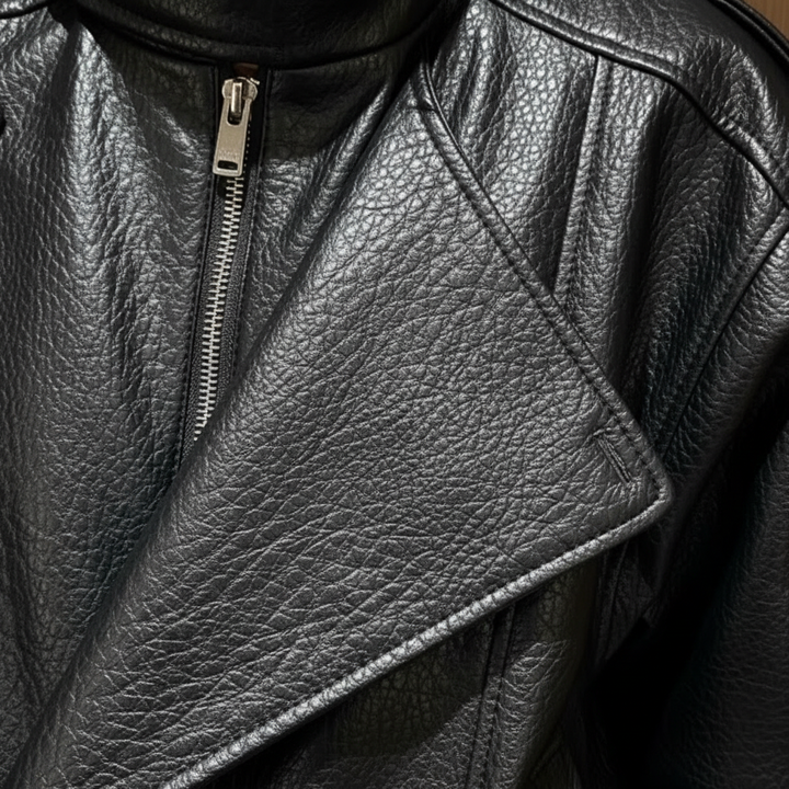 Women's black biker jacket with high collar and asymmetric zip
