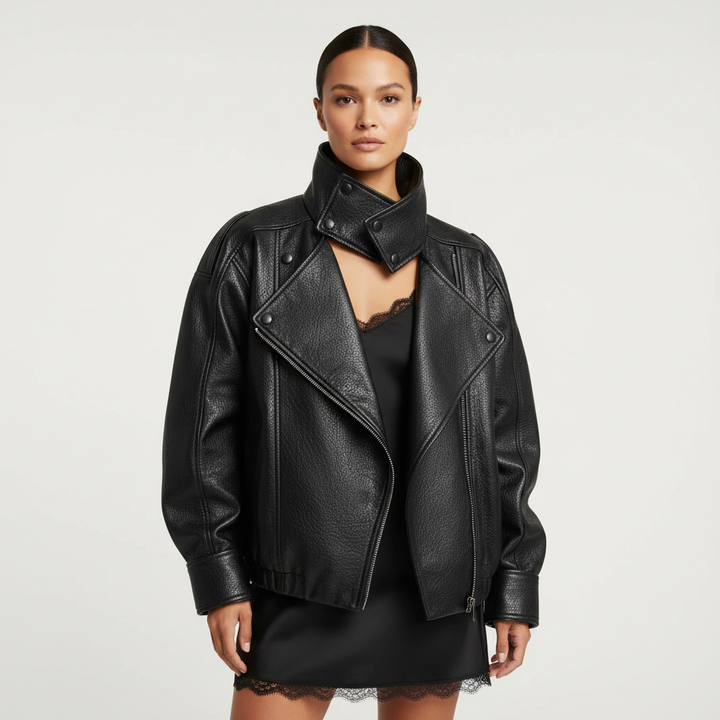 Women's black biker jacket with high collar and asymmetric zip