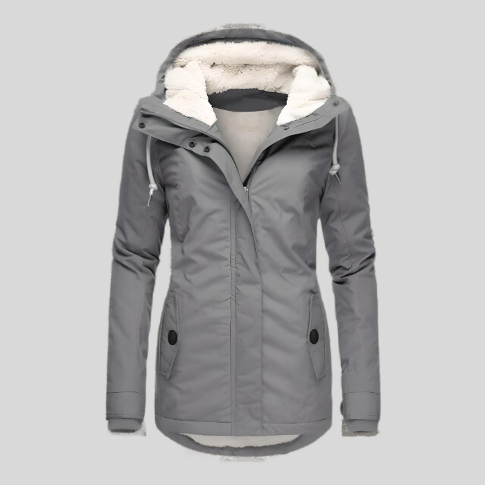 Women's long hooded winter coat with plush-looking trim, zip front and buttoned pockets