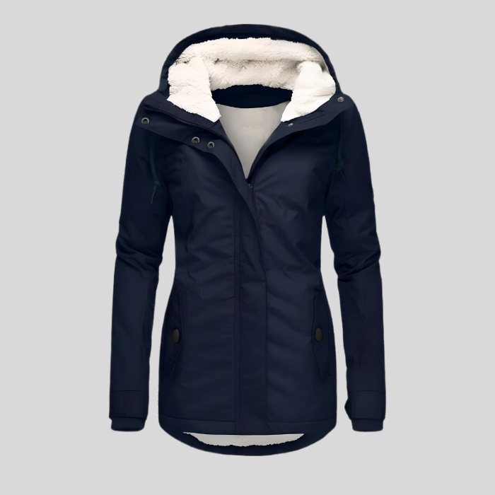 Women's long hooded winter coat with plush-looking trim, zip front and buttoned pockets