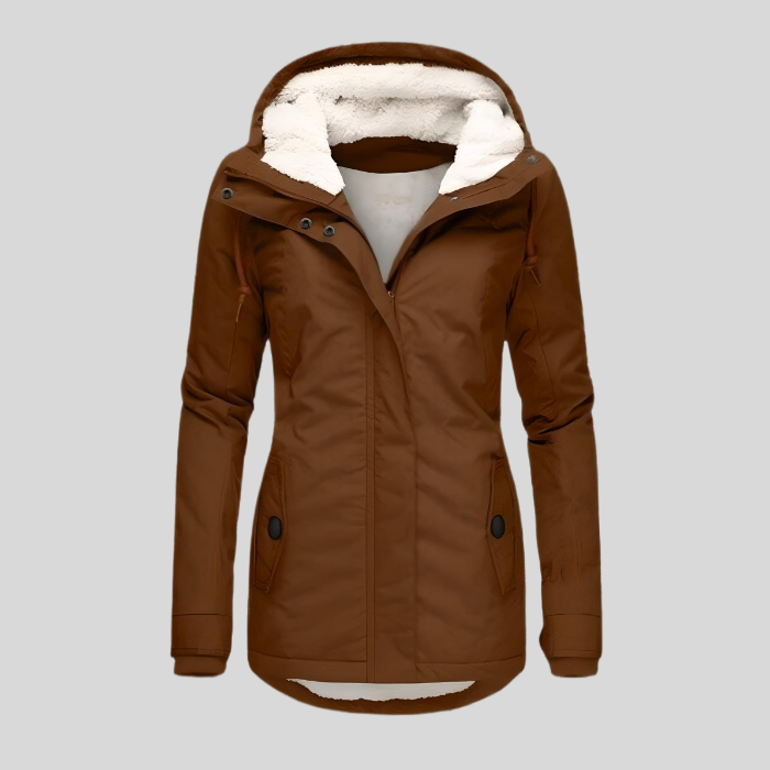 Women's long hooded winter coat with plush-looking trim, zip front and buttoned pockets