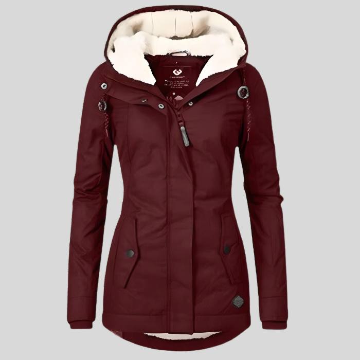 Women's long hooded winter coat with plush-looking trim, zip front and buttoned pockets