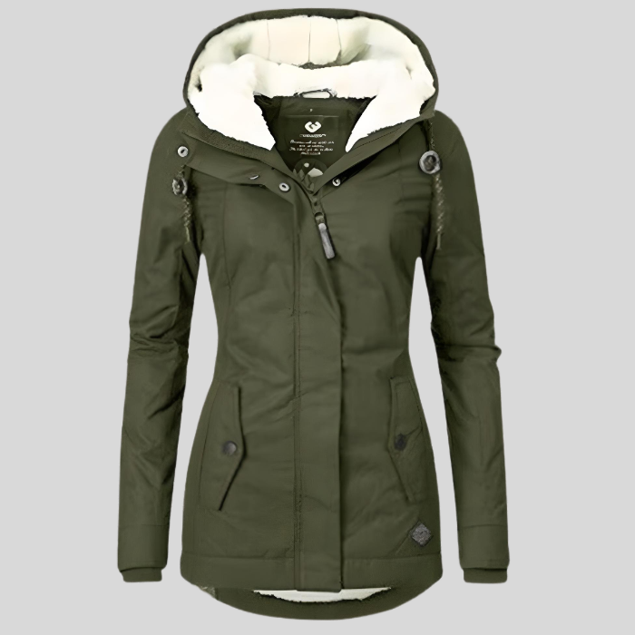 Women's long hooded winter coat with plush-looking trim, zip front and buttoned pockets