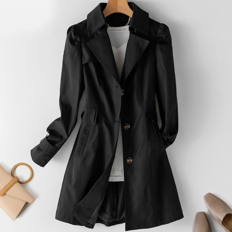 Women's tailored trench coat with notched lapels, long sleeves and buttoned cuffs