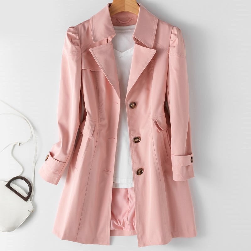 Women's tailored trench coat with notched lapels, long sleeves and buttoned cuffs