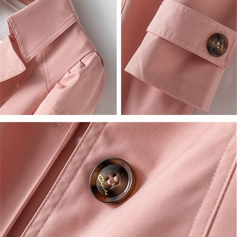 Women's tailored trench coat with notched lapels, long sleeves and buttoned cuffs