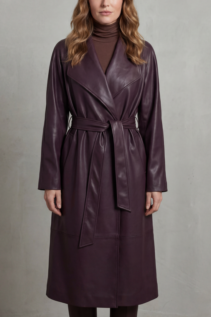 Women's longline belted trench coat with wide lapels and long sleeves