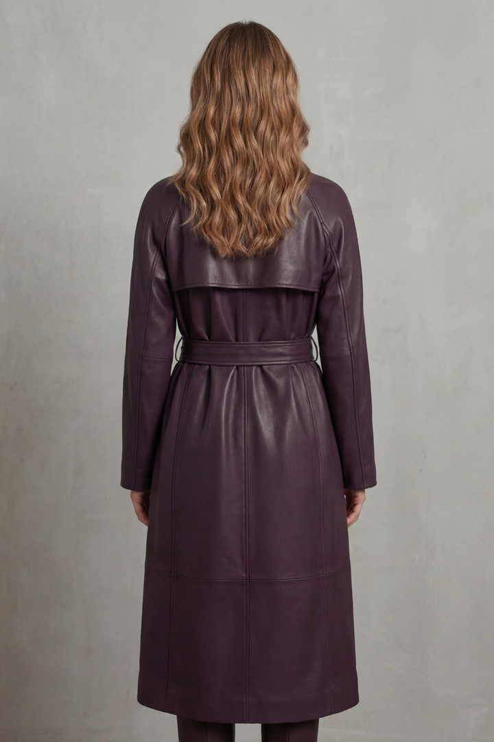 Women's longline belted trench coat with wide lapels and long sleeves