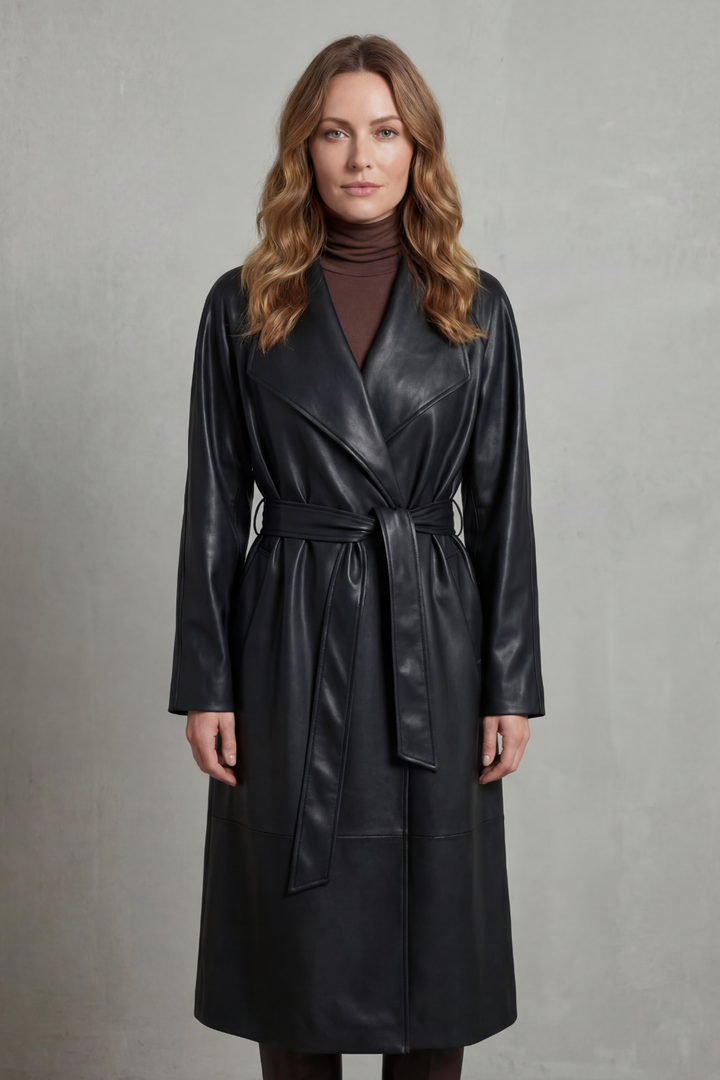 Women's longline belted trench coat with wide lapels and long sleeves